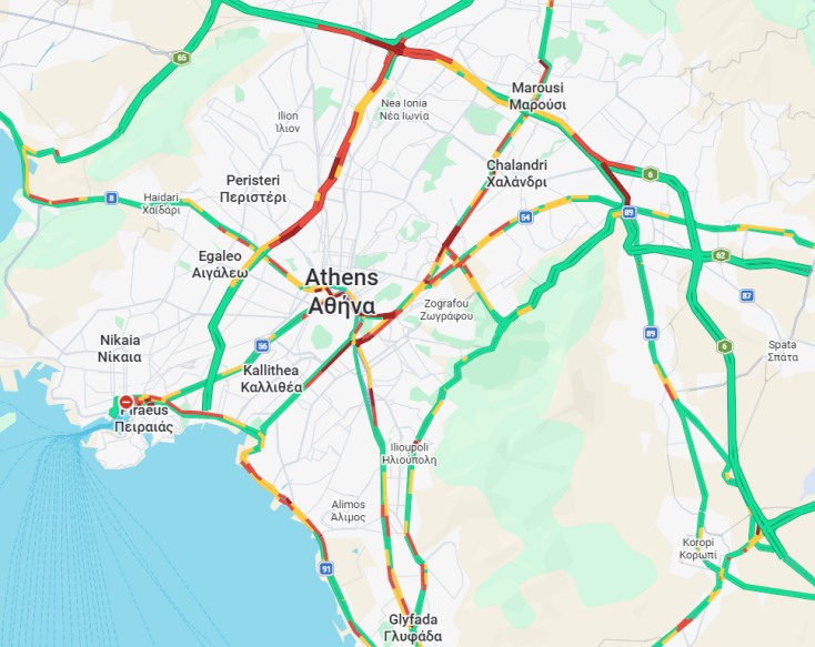 O χάρτης με την κίνηση αυτήν την ώρα στην Αττική