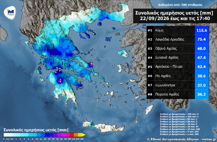 ΜΕΤΕΟ/ΕΑΑ: Στην Κύμη Ευβοίας το μεγαλύτερο ύψος βροχής 