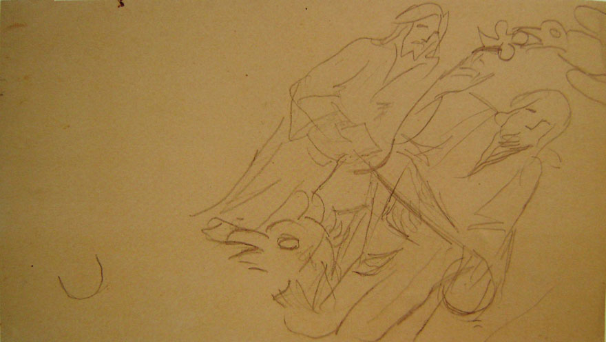 Γιαννούλης Χαλεπάς [Πατήρ, Υιός, Άγιο Πνεύμα και Πτηνό], μαύρο μολύβι σε μονόφυλλο χαρτί, 1930-38. Ιδιωτική συλλογή