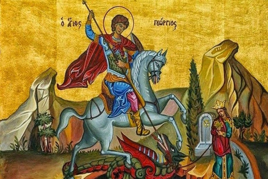 Ο Άγιος Γεώργιος σκοτώνει τον δράκο και σώζει τη βασιλοπούλα - Απεικόνιση σε ιερό ναό