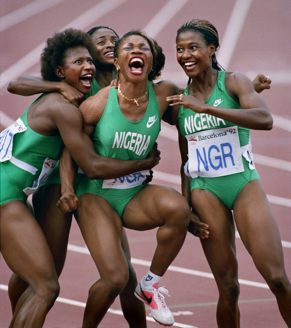 Ken Geiger (American, born 1957). Nigerian Relay Team, Olympics, Barcelona, 1992, printed 2016. Inkjet print, 17 7/16 x 19 5/8 in. (44.3 x 49.9 cm). Courtesy of Ken Geiger/The Dallas Morning News Ken Geiger (American, born 1957). Nigerian Relay Team, Olympics, Barcelona, 1992