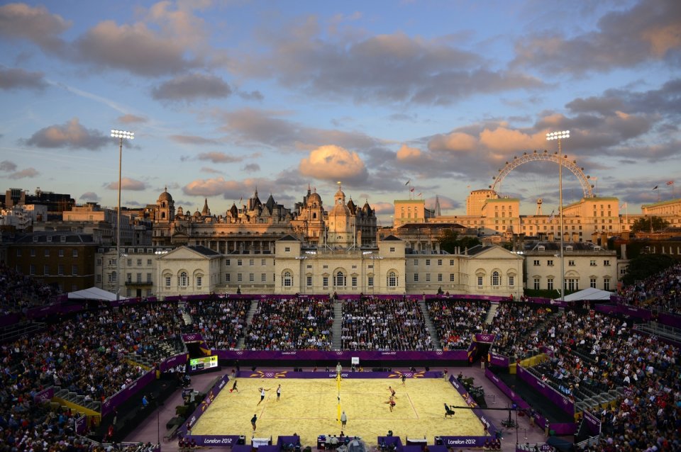 Donald Miralle (American, born 1974). Men's Beach Volleyball match between Brazil and Canada, London Olympics, The Horse Guards Parade ground, London, 2012. Archival inkjet print, 40 x 60 in. (101.6 x 152.4 cm). Leucadia Photoworks Gallery, courtesy of the artist Donald Miralle (American, born 1974). Men's Beach Volleyball match between Brazi