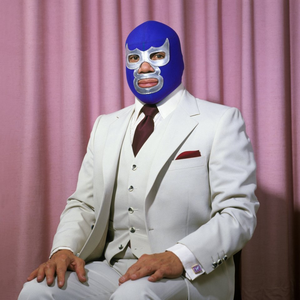 Lourdes Grobet (Mexican, born 1940). Blue Sentado, from the series Lucha Libre, circa 2005. Color photograph. Courtesy of the artist Lourdes Grobet (Mexican, born 1940). Blue Sentado, from the series Lucha Libre,