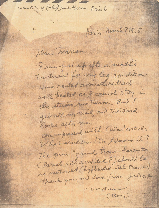 ΓράμματουManRayστηMarianGoodmanσχετ. με το έργο του grandtrans-Parents, με ημερομηνία 3 Μαρτίου 1975
