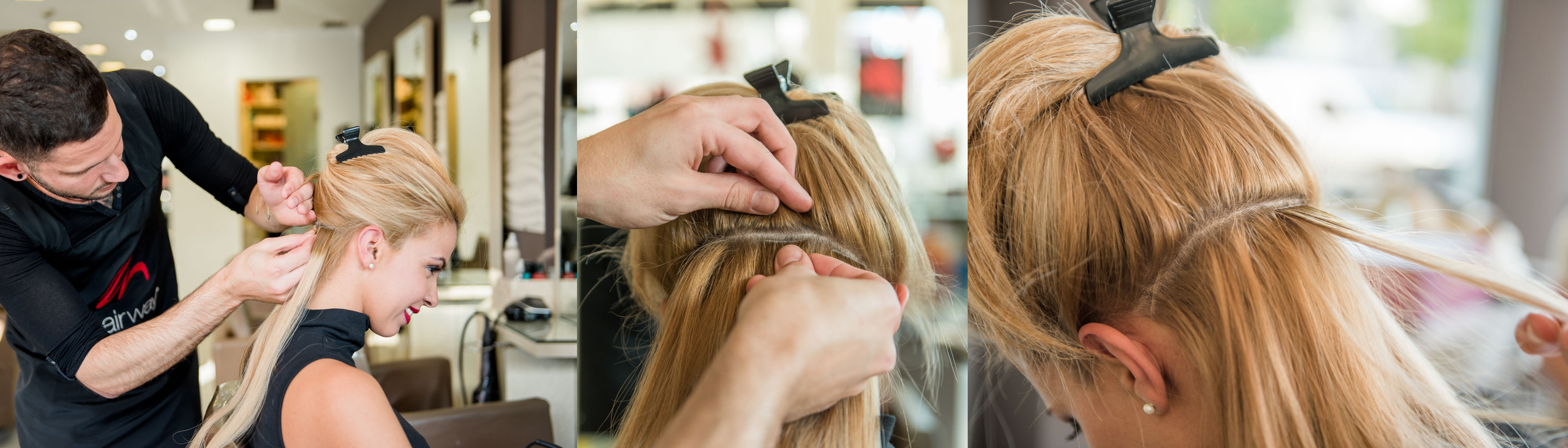 Ξεκινάει από χαμηλά στο πίσω μέρος του κεφαλιού και σε κάθε τούφα του δικού μου μαλλιού τοποθετεί ένα τουφάκι από μέσα και ένα απ' έξω. 