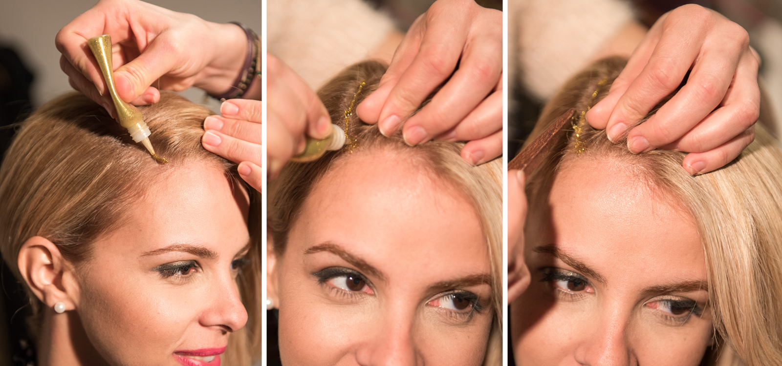 Έπειτα, φτιάχνουμε το γκλίτερ μας πανεύκολα. Αναμειγνύουμε, δηλαδή, σε ένα μπουκαλάκι τζελ για τα μαλλιά και απλό γκλίτερ. Το τοποθετούμε στη χωρίστρα και το απλώνουμε όσο θέλουμε με μία βούρτσα. Προτείνω γκλίτερ σε  ασημί, χρυσό ή ροζ χρώμα.