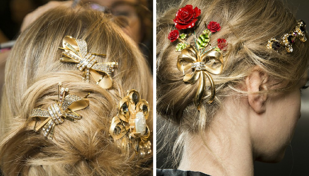  «Το καρφιτσάτο». Τούτο 'δω το χτένισμα, το εμπνευστήκαμε από τη φετινή πασαρέλα των Dolce & Gabbana, στην οποία τα μαλλιά ήταν στολισμένα με λαμπερά ρετρό αξεσουάρ (καρφίτσες και σκουλαρίκια της γιαγιάς που λέει ο λόγος). Πάρε μάτι.