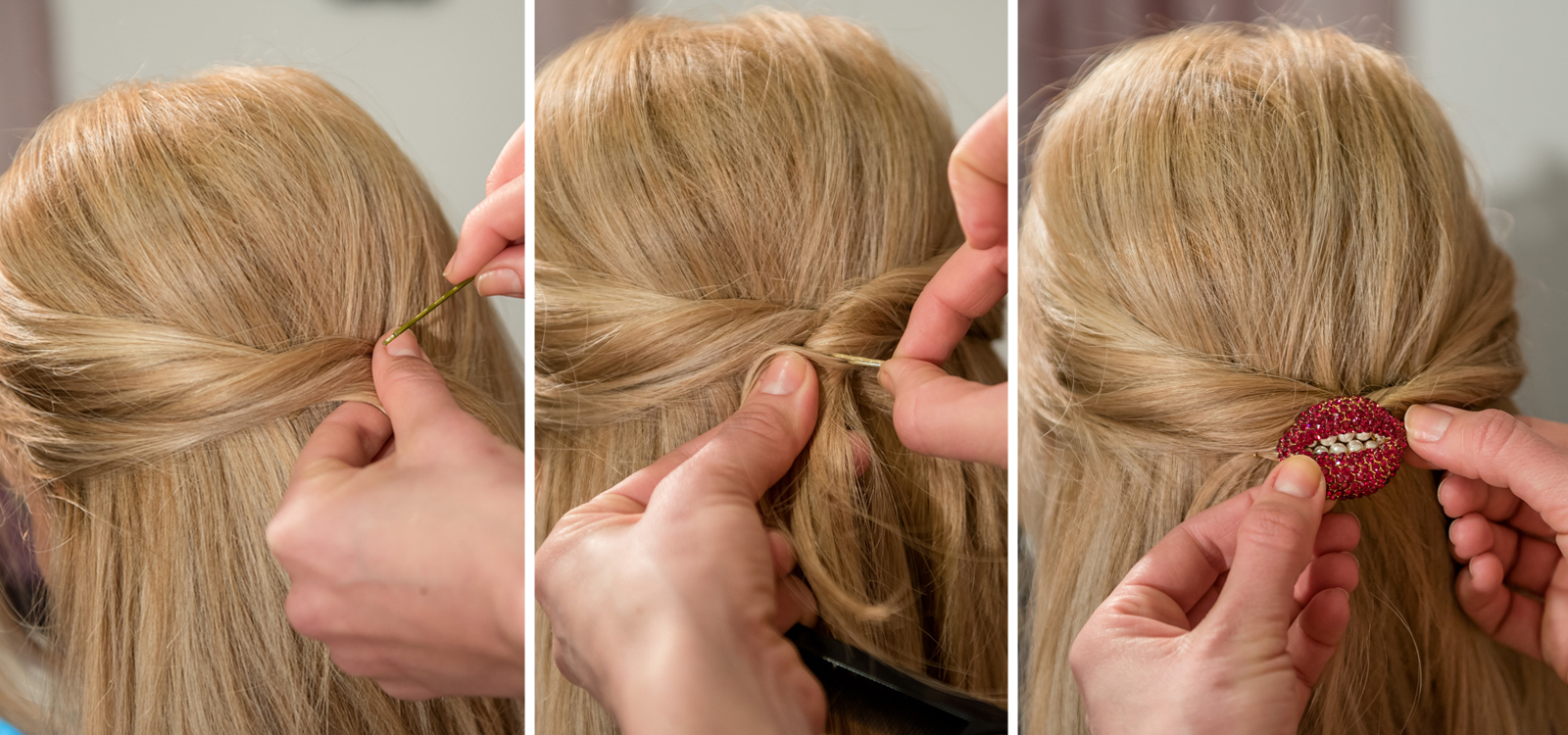 Έπειτα, με τσιμπιδάκια στερεώνουμε τα μαλλιά από τη μία και από την άλλη πλευρά. Στο τέλος, διαλέγουμε μια αγαπημένη μας καρφίτσα και την τοποθετούμε στο κέντρο. Βασικά, όπου και να την βάλετε ωραία θα 'ναι. 