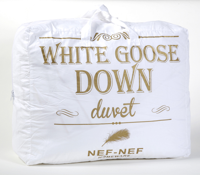 NEF-NEF.  Πάπλωμα White goose down με γέμισμα 100% πούπουλο χήνας και ύφασμα από 100% βαμβακοσατέν.  Φυσικό και αντιαλλεργικό!  Μονό από €270 – 20% =  €216.  Υπέρδιπλο από €390 – 20% = €312