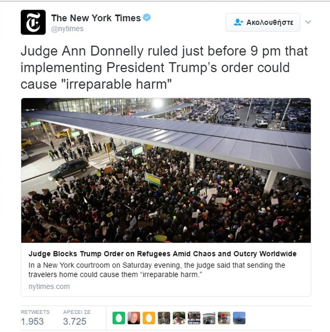 Η είδηση της απόφασης της Donelly όπως την μετέδωσαν αμέσως οι New York Times