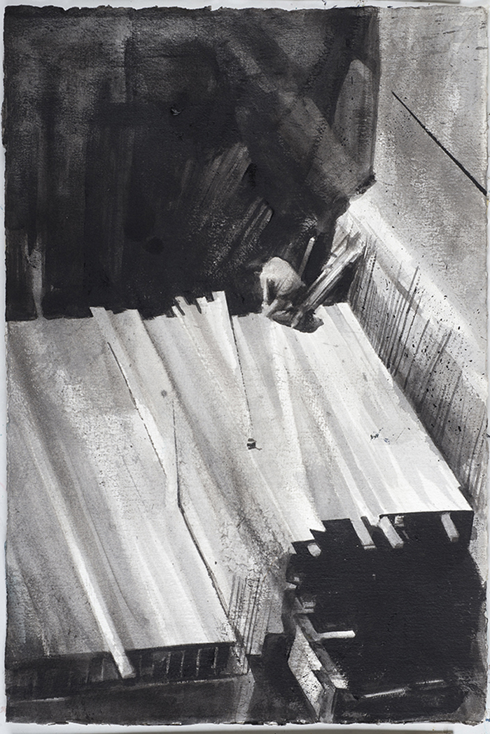  Μίλτος Γκολέμας, Ανεβάζοντας τα μαδέρια, μελάνι και ακρυλικό σε χαρτί