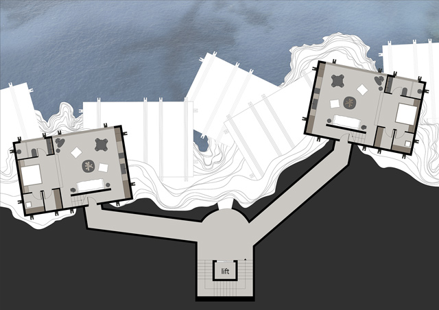 Οι επισκέπτες οδηγούνται υπόσκαφα στις κατοικίες τους μέσω ανελκυστήρων και κλιμακοστασίων.