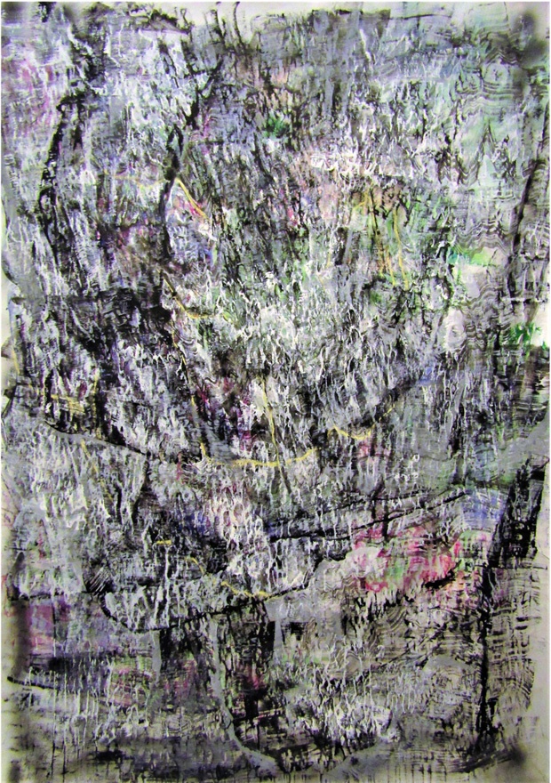 Νίκος Σαρλής, «Distortion Delay Reverb» (2016). Ακρυλικά σπρέι και κάρβουνο σε καμβά Νίκος Σαρλής, «Distortion Delay Reverb» (2016). Ακρυλικά σπρέι και κάρβουνο σε καμβά