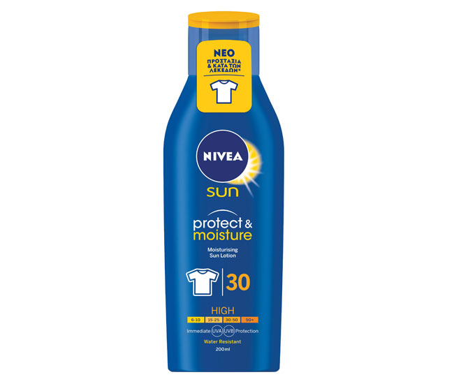 Sun Protect Moist Lotion SPF30, λοσιόν σώματος με άμεση αντηλιακή προστασία για την επιδερμίδα που προστατεύει παράλληλα τα ρούχα από τους λεκέδες του αντηλιακού (NIVEA) 