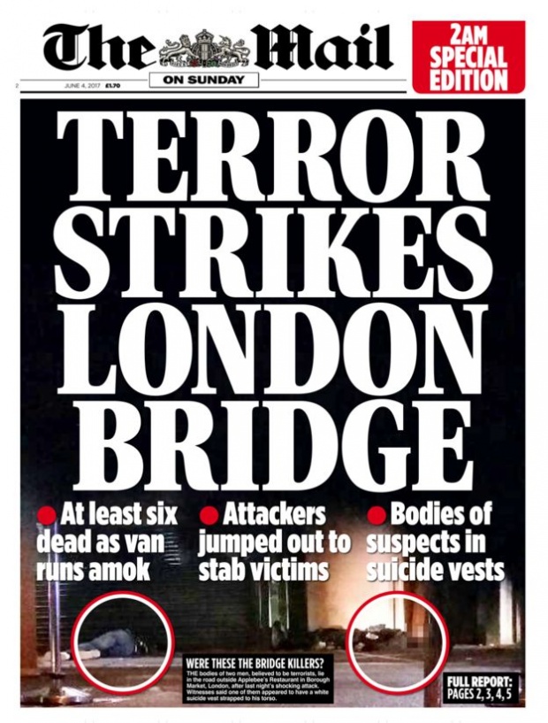 Τα πρωτοσέλιδα των βρετανικών εφημερίδων για τις τρομοκρατικές επιθέσεις στο Λονδίνο Τα πρωτοσέλιδα των βρετανικών εφημερίδων για τις τρομοκρατικές επιθέσεις στο Λονδίνο
