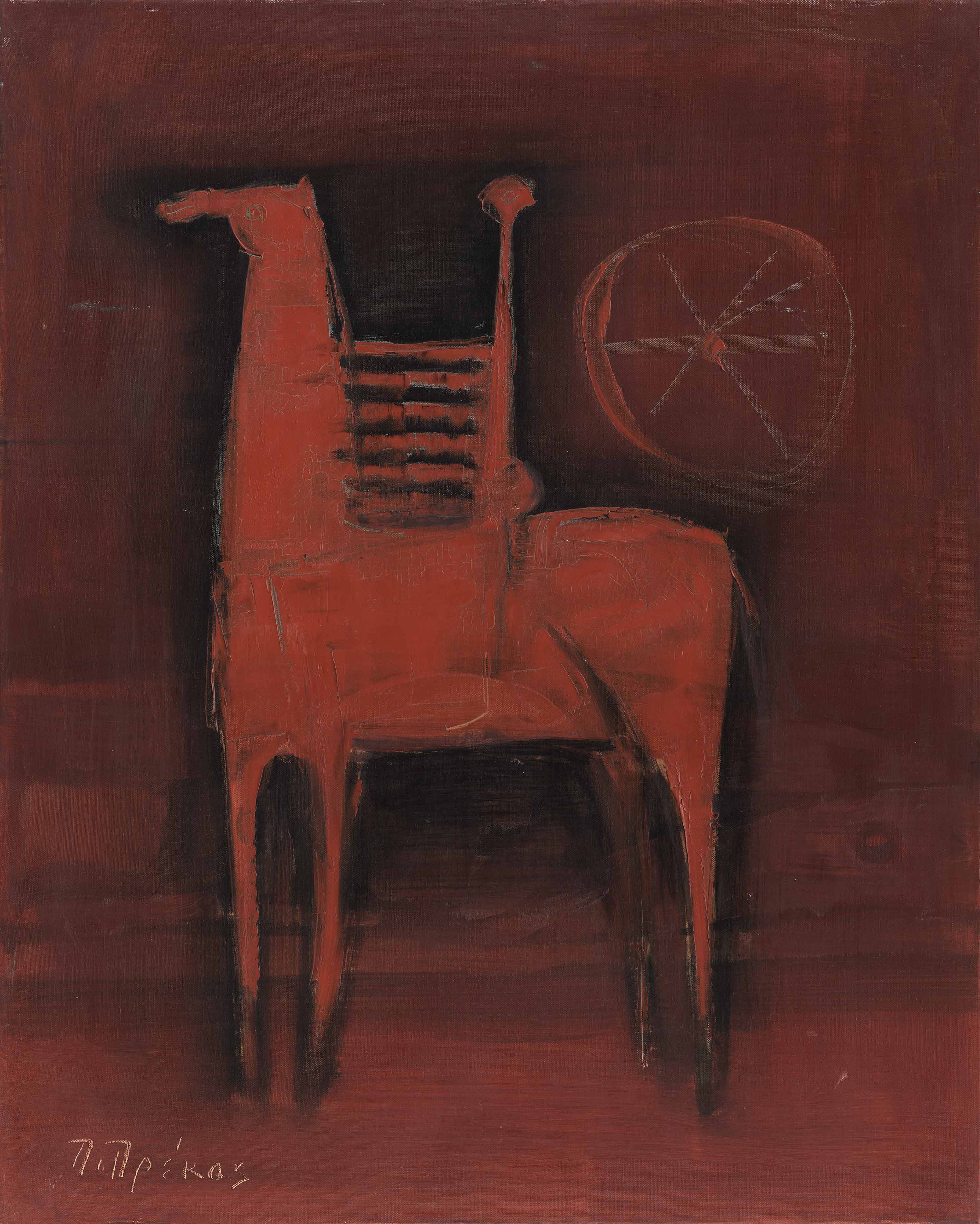 Πάρις Πρέκας, Κόκκινο Άλογο µε Καβαλάρη, Ελαιογραφία σε µουσαµά, 81x65 εκ. 