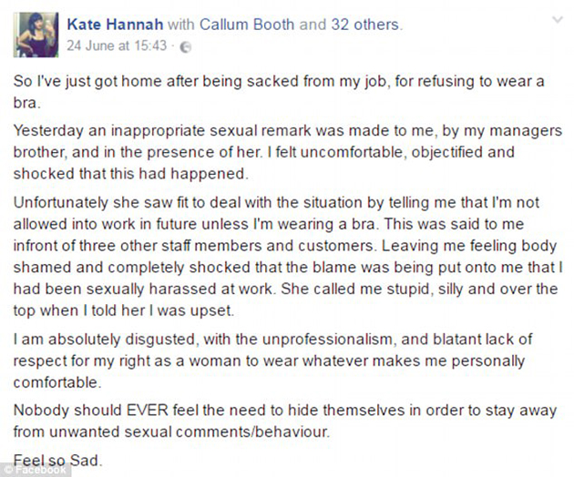  «Με απέλυσαν γιατί πήγα στη δουλειά χωρίς σουτιέν» 