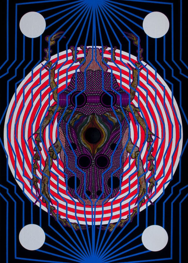 'The Black Button' 2017, 70 x 50 cm, Acrylic, Gold Leaf and Gouache on Wood