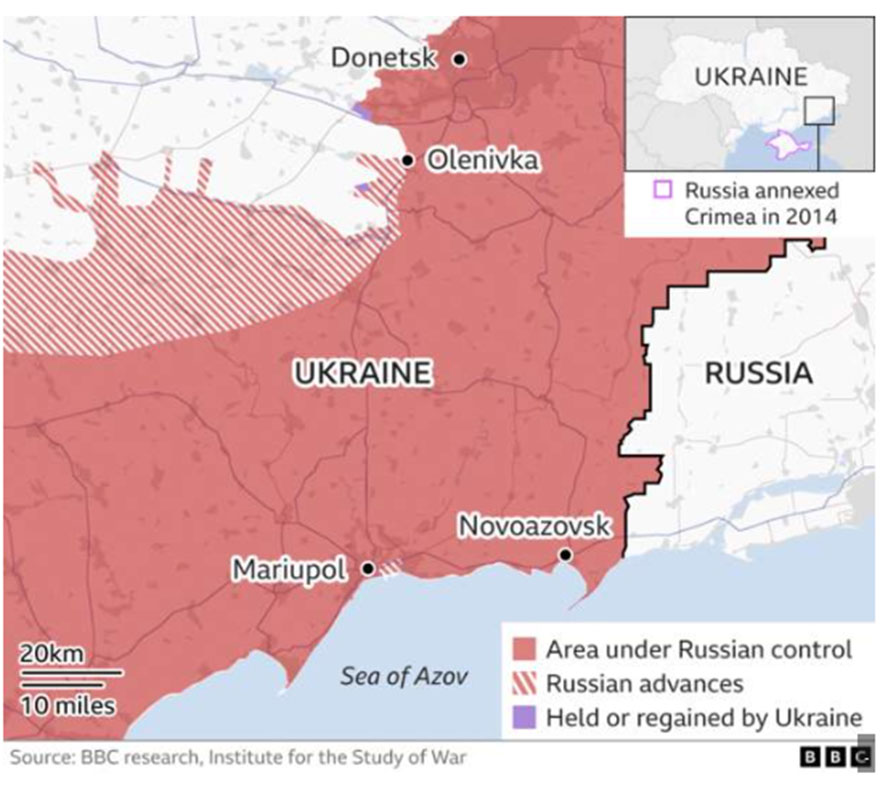 Χάρτης με τις περιοχές που βρίσκονται υπό ρωσικό έλεγχο στην ανατολική Ουκρανία και τις προόδους που σημειώνουν τα ρωσικά στρατεύματα