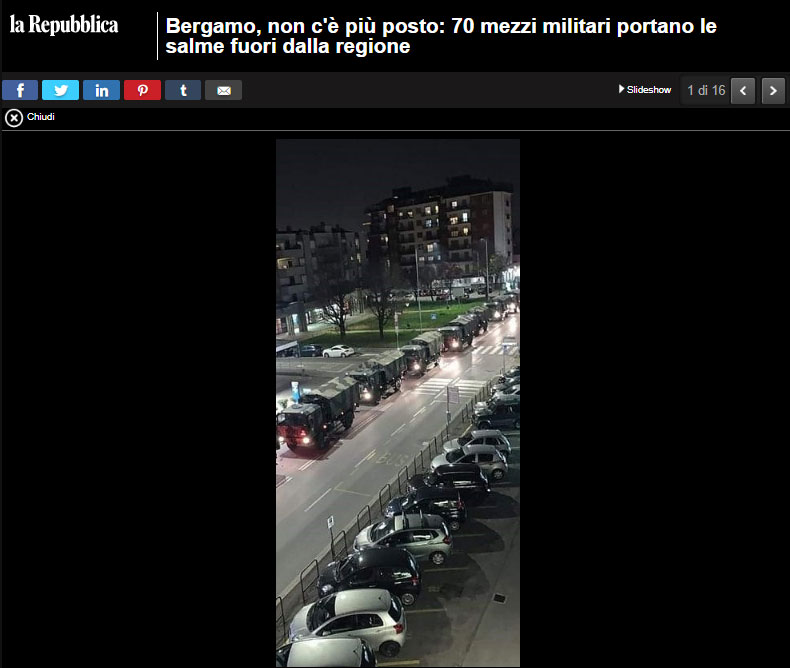 Εικόνα - σοκ από το Μπέργκαμο της Ιταλίας: Στρατιωτικό κομβόι μεταφέρει πτώματα