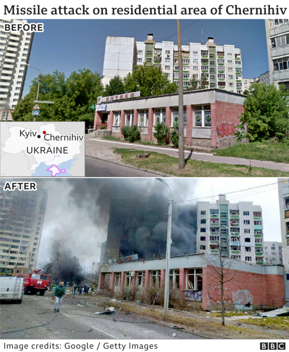 Το Τσερνίχιβ, πόλη 120 χιλιόμετρα βορειοανατολικά του Κιέβου, πριν και μετά τους ρωσικούς βομβαρδισμούς
