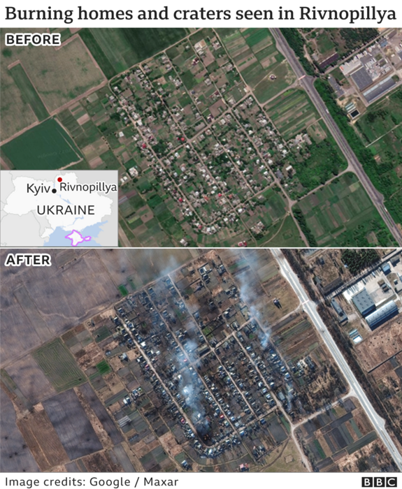 Δορυφορικές εικόνες από το χωριό Ριβνοπίλγια, βόρεια του Τσερνίχιβ στην Ουκρανία, πριν και μετά τους ρωσικούς βομβαρδισμούς