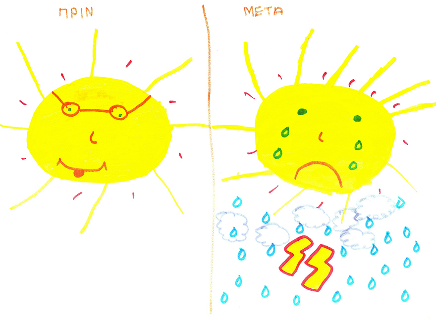 Παιδική ζωγραφιά που δείχνει ήλιο που γελάει και ήλιο που κλαίει