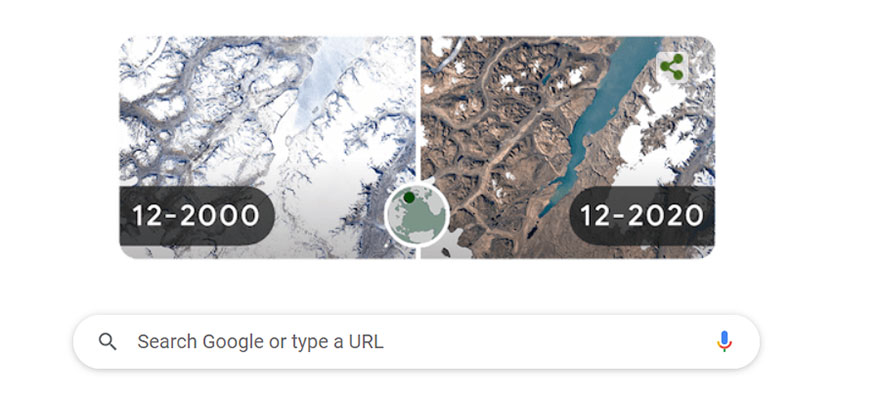 Το Google Doodle για τη σημερινή Παγκόσμια Ημέρα της Γης 2022 με το λιώσιμο των πάγων στη Γροιλανδία