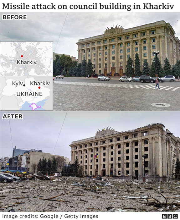 Το Δημαρχείο στο Χάρκοβο στην Ανατολική Ουκρανία πριν και μετά τον ρωσικό βομβαρδισμό
