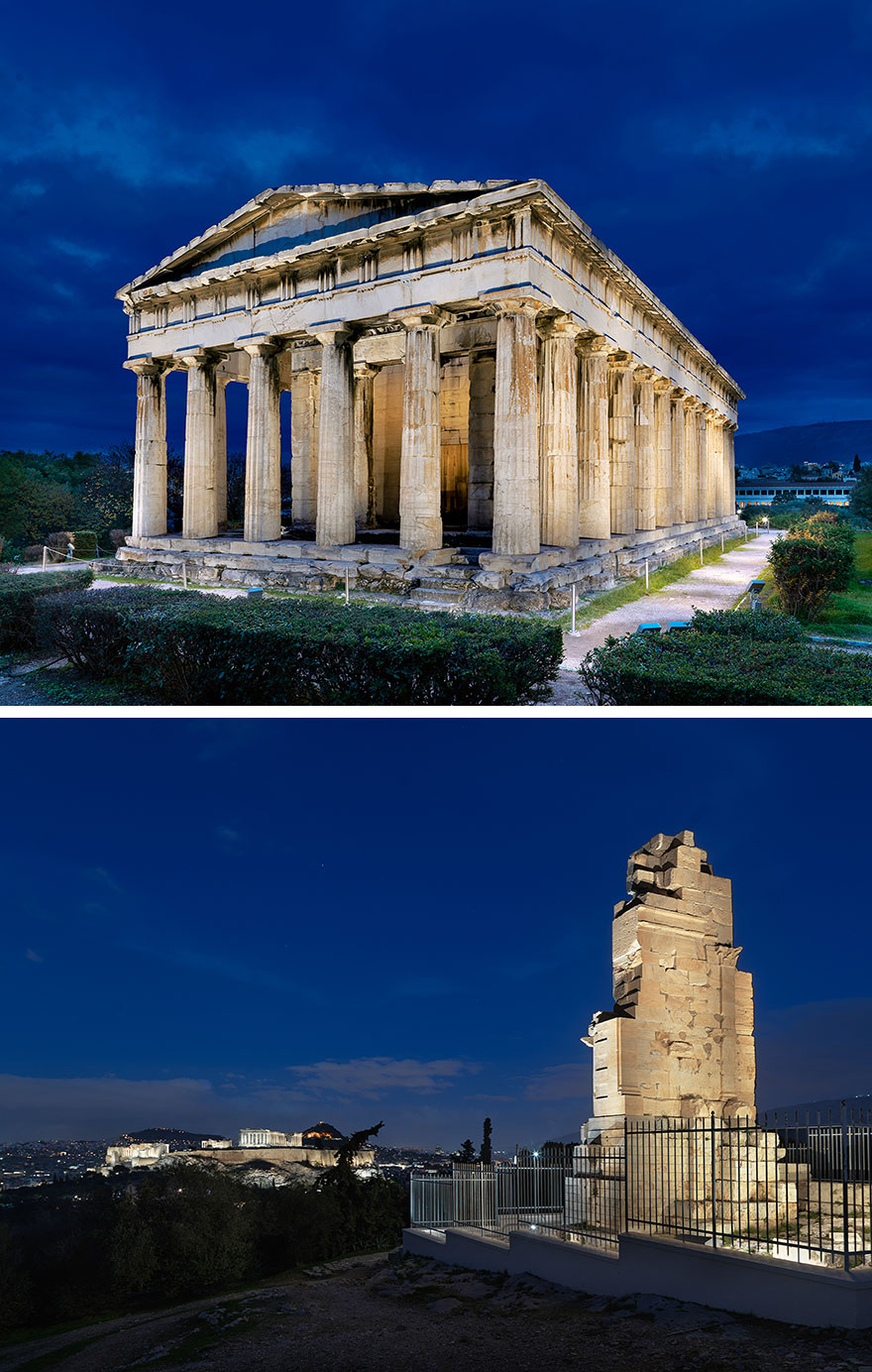 Κοινή η αισθητική προσέγγιση στον νέο φωτισμό για τον Ναό του Ηφαίστου και το Μνημείο του Φιλοπάππου