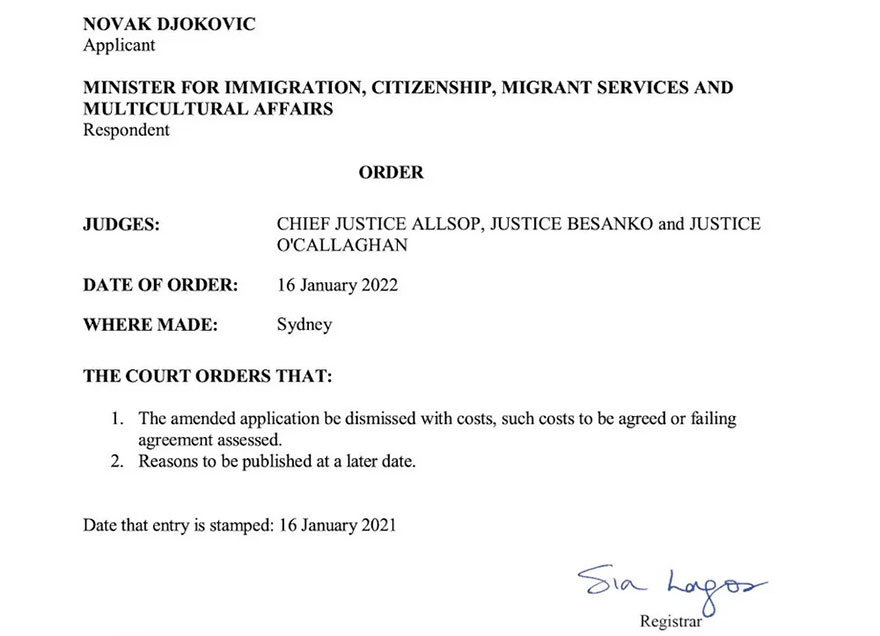 Το έγγραφο με τη δικαστική απόφαση για την απέλαση Νόβακ Τζόκοβιτς από την Αυστραλία