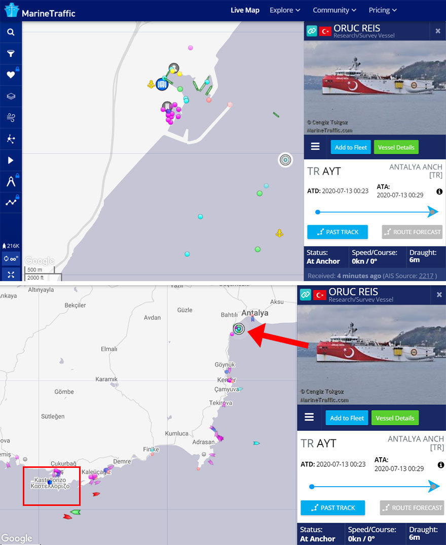 Oruc Reis: Η θέση του τουρκικού ερευνητικού πλοίου σε σχέση με το Καστελόριζο λίγο πριν από τα μεσάνυχτα Τρίτης 21 Ιουλίου 2020