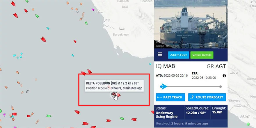 Χάρτης με το Delta Poseidon, το ελληνικό τάνκερ στον Περσικό Κόλπο που κατέλαβαν Ιρανοί ένοπλοι