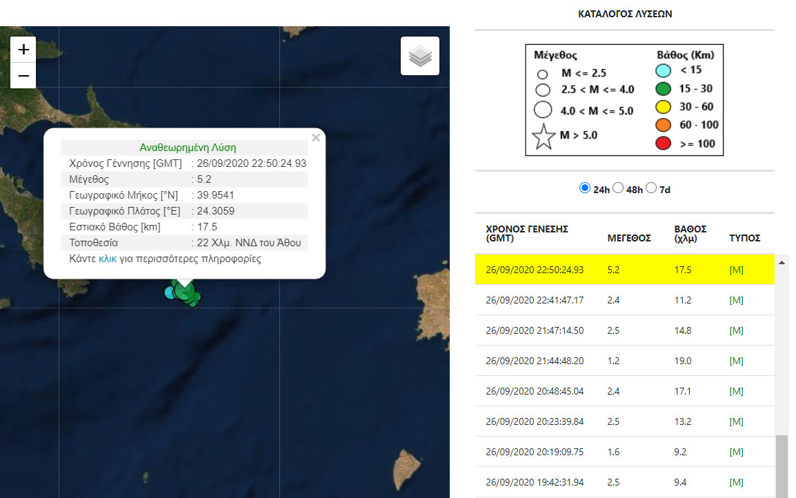 Σεισμός 5,2 Ρίχτερ ανοικτά του Αγίου Όρους - Ο χάρτης του Γεωδυναμικού Ινστιτούτου του Εθνικού Αστεροσκοπείου Αθηνών