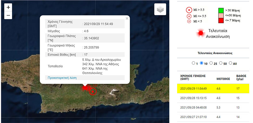 Δεύτερος σεισμός τώρα στην Κρήτη με επίκεντρο το Αρκαλοχώρι - Ο χάρτης από το Γεωδυναμικό Ινστιτούτο του Εθνικού Αστεροκοπείου Αθηνών