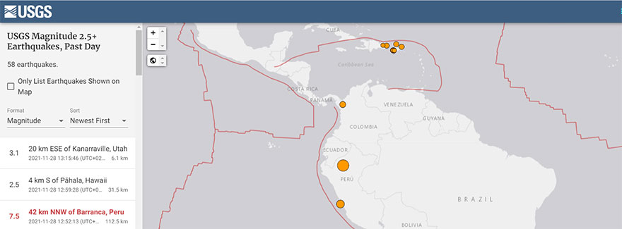 Σεισμός 7,5 Ρίχτερ στο Περού - Χάρτης του USGS με το επίκεντρο της δόνησης