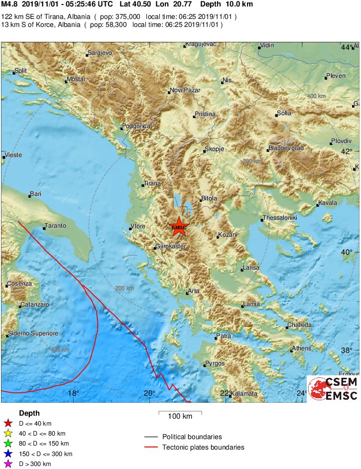 Χάρτης με το επίκεντρο του σεισμού στην Αλβανία που έγινε ιδιαίτερα αισθητός στη Βόρεια Ελλάδα