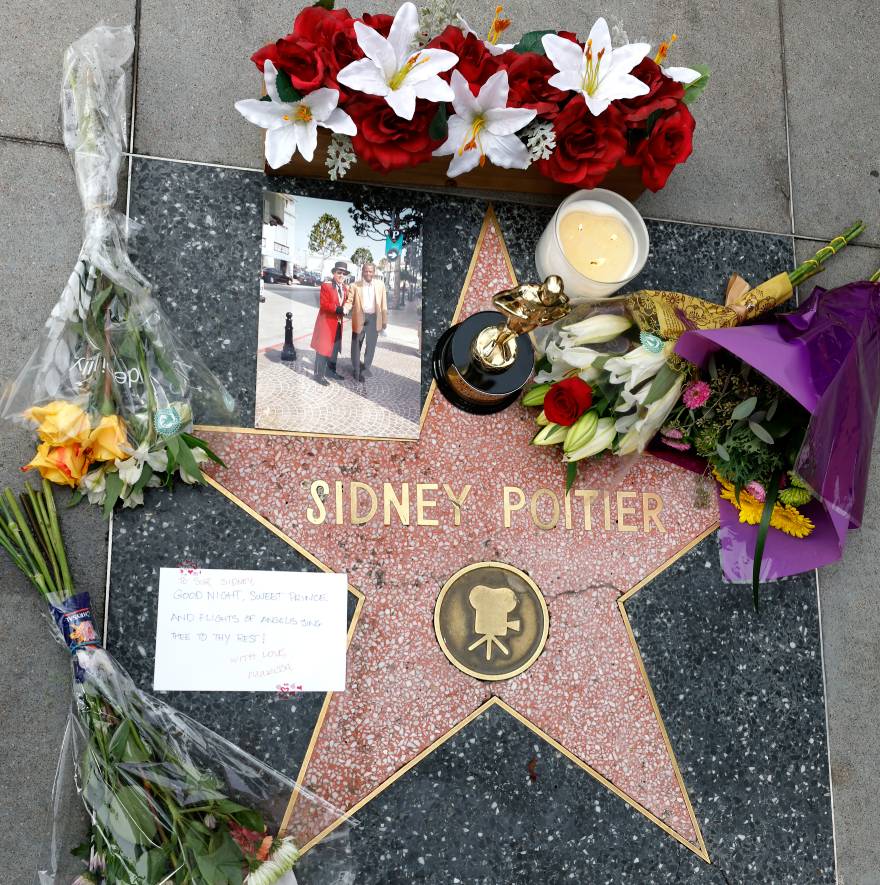 Λουλούδια και σημειώματα στο αστέρι του Sidney Poitier στη Λεωφόρο του Χόλιγουντ
