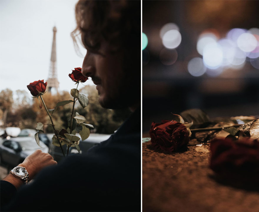 Ο Στέφανος Τσιτσιπάς με φόντο τον Πύργο του Άιφελ κρατά κόκκινα τριαντάφυλλα, κοιτώντας το ρολόι του