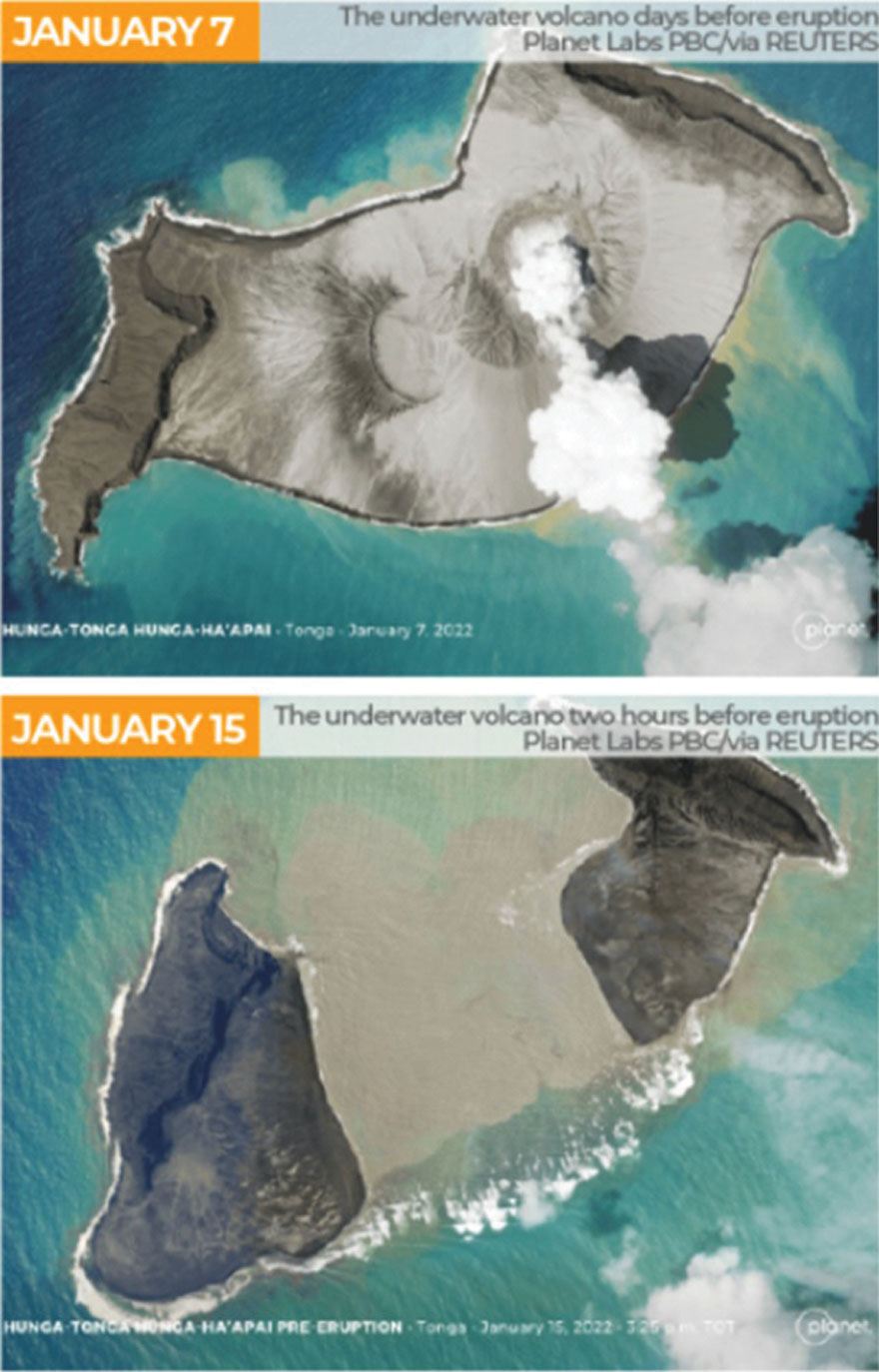 Δορυφορική απεικόνιση του ηφαιστείου Hunga Tonga-Hunga Ha'apai στην Τόνγκα του Ειρηνικού