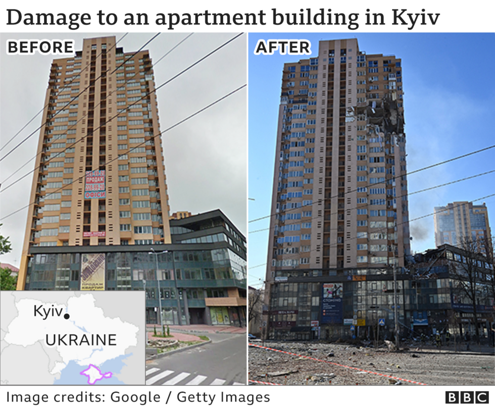 Πολυώροφο κτίριο στην πρωτεύουσα Κίεβο πριν και μετά τον ρωσικό βομβαρδισμό