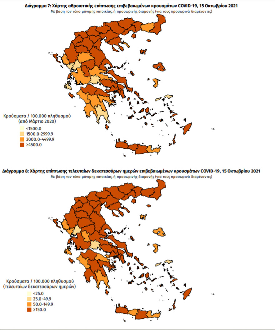 Χάρτης του ΕΟΔΥ με τα κρούσματα σήμερα και την κατανομή τους ανά περιοχή στην Ελλάδα και τις τελευταίες 14 ημέρες