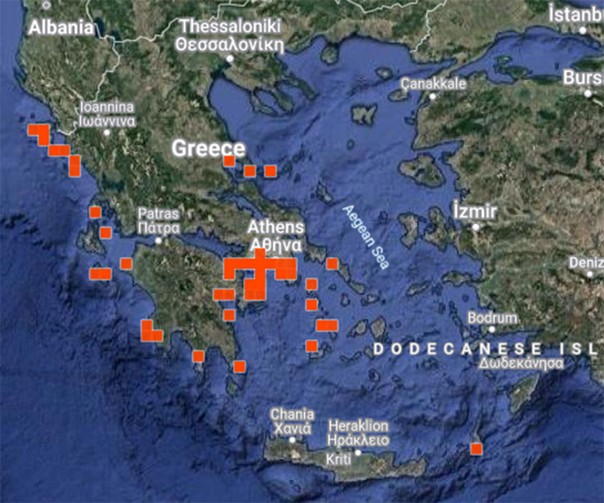 Χάρτης με τις εμφανίσεις της μωβ μέδουσας στις ελληνικές θάλασσες τον μήνα Ιούνιο